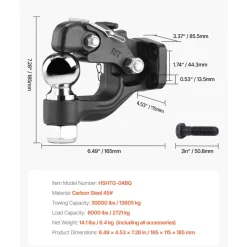 VEVOR Pintle Hook, 30000 lbs Towing Capacity, Trailer Hitches Receiver Hook Combination 2-5/16-inch Hitch Ball, Fits 2.5 to 3-inch Lunette Ring with Mounting Kit, Wear-resistant, Black Powder Coat