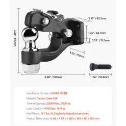 VEVOR Pintle Hook, 20000 lbs Towing Capacity, Trailer Hitches Receiver Hook Combination 2-inch Hitch Ball, Fits for 2.5 to 3-inch Lunette Ring with Mounting Kit, Wear-resistant, Black Powder Coat