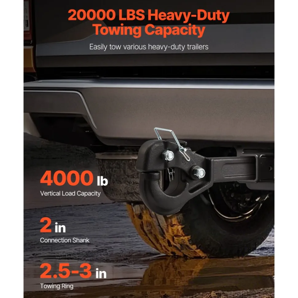 VEVOR Pintle Hook, 20000 lbs Towing Capacity, Pintle Hitch Receiver for 2-inch Hitch Hook Military Receiver, Fits 2.5 to 3-inch Lunette Ring, 15.6-inch Length, Black Powder Coat, for Various Trailers