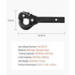 VEVOR Pintle Hook, 20000 lbs Towing Capacity, Pintle Hitch Receiver for 2-inch Hitch Hook Military Receiver, Fits 2.5 to 3-inch Lunette Ring, 15.6-inch Length, Black Powder Coat, for Various Trailers