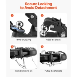 VEVOR Pintle Hook, 16000 lbs Towing Capacity, Pintle Hook Hitch for 2-inch Hitch Hook Military Receiver, Combination 2-inch Hitch Ball, Fits 2.5 to 3-inch Lunette Ring, Black Powder Coat, for Trailers