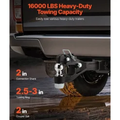 VEVOR Pintle Hook, 16000 lbs Towing Capacity, Pintle Hook Hitch for 2-inch Hitch Hook Military Receiver, Combination 2-inch Hitch Ball, Fits 2.5 to 3-inch Lunette Ring, Black Powder Coat, for Trailers