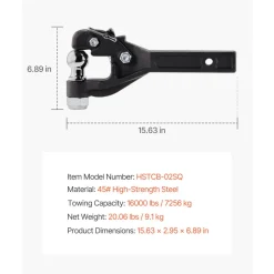 VEVOR Pintle Hook, 16000 lbs Towing Capacity, Pintle Hook Hitch for 2-inch Hitch Hook Military Receiver, Combination 2-inch Hitch Ball, Fits 2.5 to 3-inch Lunette Ring, Black Powder Coat, for Trailers