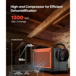 VEVOR 125 Pints Commercial Dehumidifier with Drain Hose, Portable Crawl Space Dehumidifiers for Basement Storage Room Industrial Grade, Auto Defrost/Drainage, Heavy-duty Galvanized Steel, LED Indicate