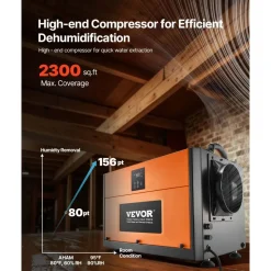 VEVOR 180 Pints Commercial Dehumidifier with Pump/Drain Hoses, Portable Crawl Space Dehumidifiers for Basement Storage Room Industrial Grade, Auto Defrost, Heavy-duty LLDPE,Foldable Handle