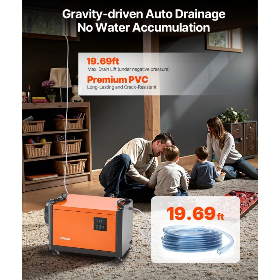 VEVOR 70 Pints Commercial Dehumidifier with Pump, Portable Crawl Space Dehumidifiers for Basement Storage Room Industrial, Auto Defrost/Drainage, Heavy-duty Galvanized Steel, with 2 Drain Hoses