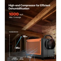VEVOR 70 Pints Commercial Dehumidifier with Pump, Portable Crawl Space Dehumidifiers for Basement Storage Room Industrial, Auto Defrost/Drainage, Heavy-duty Galvanized Steel, with 2 Drain Hoses