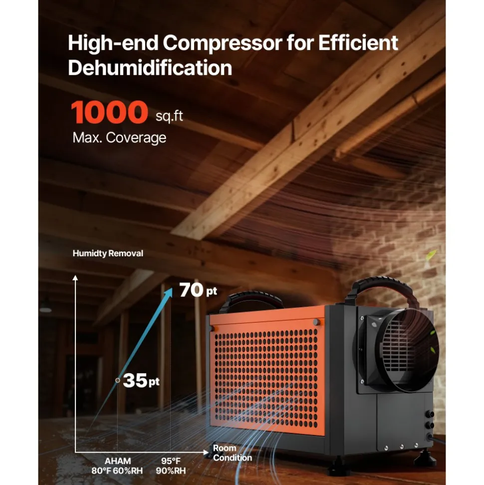 VEVOR 70 Pints Commercial Dehumidifier with Drain Hose, Portable Crawl Space Dehumidifiers for Basement Storage Room Industrial, Auto Defrost/Drainage, Heavy-duty Galvanized Steel, LED Indicate