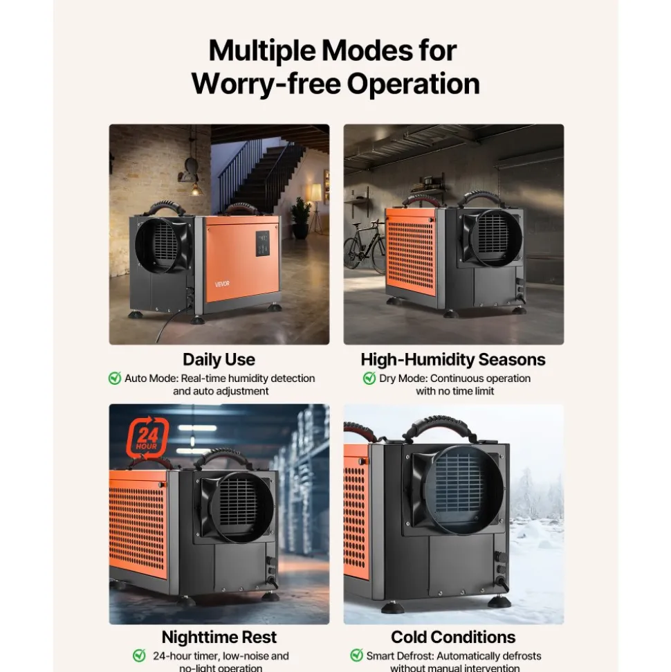 VEVOR 70 Pints Commercial Dehumidifier with Drain Hose, Portable Crawl Space Dehumidifiers for Basement Storage Room Industrial, Auto Defrost/Drainage, Heavy-duty Galvanized Steel, LED Indicate