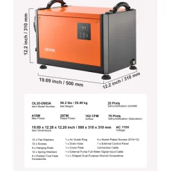 VEVOR 70 Pints Commercial Dehumidifier with Drain Hose, Portable Crawl Space Dehumidifiers for Basement Storage Room Industrial, Auto Defrost/Drainage, Heavy-duty Galvanized Steel, LED Indicate