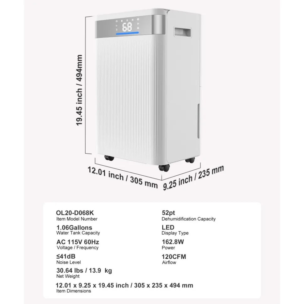 VEVOR 52 Pints Dehumidifier for Home & Basement, Drain Hose for Commercial & Industrial Use, Smart Humidity Control, Low Noise for Large Rooms, Warehouses, Bedrooms & Storage, Large Coverage,White