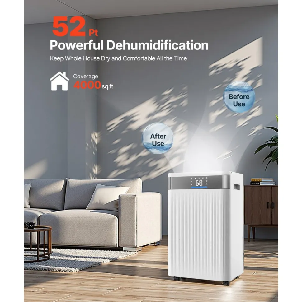 VEVOR 52 Pints Dehumidifier for Home & Basement, Drain Hose for Commercial & Industrial Use, Smart Humidity Control, Low Noise for Large Rooms, Warehouses, Bedrooms & Storage, Large Coverage,White
