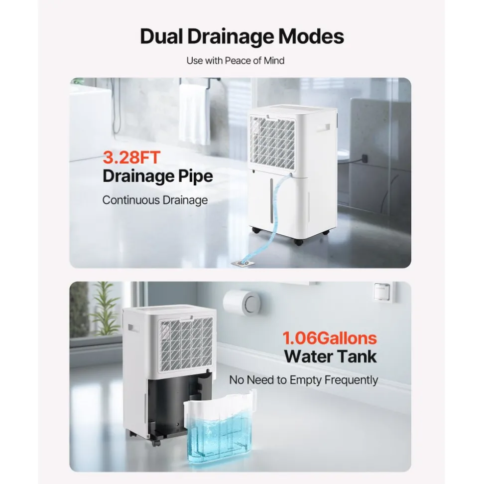VEVOR 52 Pints Dehumidifier for Home & Basement, Drain Hose for Commercial & Industrial Use, Smart Humidity Control, Low Noise for Large Rooms, Warehouses, Bedrooms & Storage, Large Coverage,White