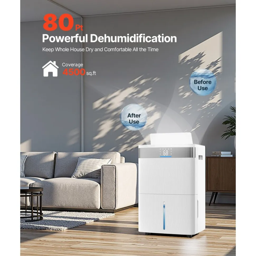 VEVOR 80 Pints Dehumidifier for Home & Basement, Drain Hose for Commercial & Industrial Use, Smart Humidity Control, Low Noise for Large Rooms, Warehouses, Bedrooms & Storage, Large Coverage,White