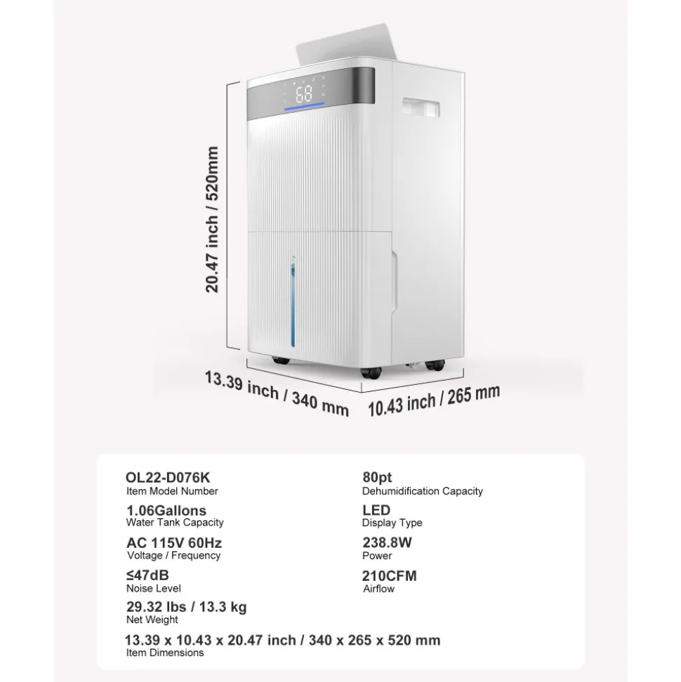 VEVOR 80 Pints Dehumidifier for Home & Basement, Drain Hose for Commercial & Industrial Use, Smart Humidity Control, Low Noise for Large Rooms, Warehouses, Bedrooms & Storage, Large Coverage,White