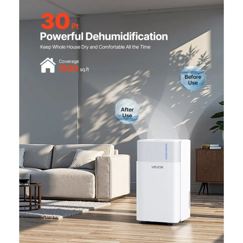 VEVOR 30 Pints Dehumidifier for Home & Basement, Drain Hose for Commercial & Industrial Use, Smart Humidity Control, Low Noise for Large Rooms, Warehouses, Bedrooms & Storage, Large Coverage,White