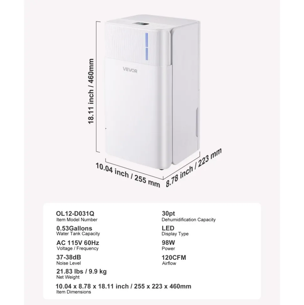 VEVOR 30 Pints Dehumidifier for Home & Basement, Drain Hose for Commercial & Industrial Use, Smart Humidity Control, Low Noise for Large Rooms, Warehouses, Bedrooms & Storage, Large Coverage,White