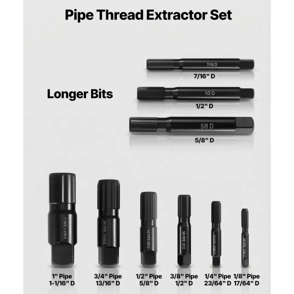 VEVOR Pipe Extractor Set, 9 Pieces Heavy Duty Steel Broken Pipe Extractors, with Solid Storage Case, Cr-Mo Steel for Removing 1/8" to 1" Damaged Threaded Pipes and Fittings, for Plumbers Mechanics DIY
