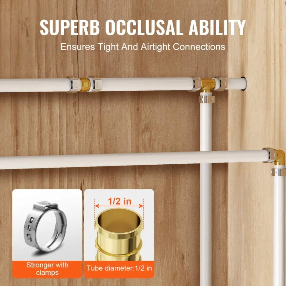 VEVOR Pipe Fittings, 1/2" 50PCS Brass Pipe Fittings, Clamp-style Straight-Through Pipe Connector Brass Air Fittings, Heavy Duty Plumbing Fittings Tube Adapter for Heating/Shower Systems,Water Pipes