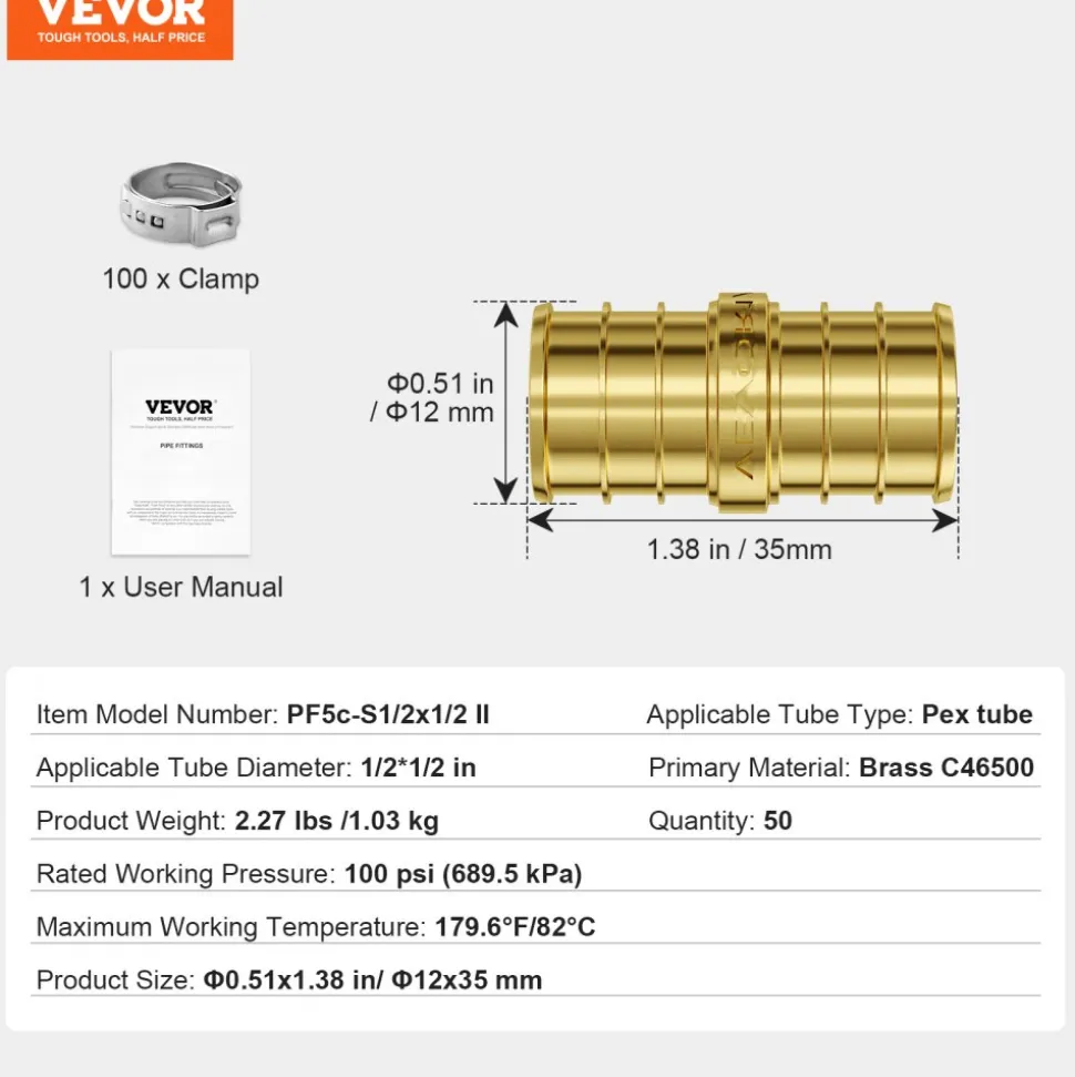 VEVOR Pipe Fittings, 1/2" 50PCS Brass Pipe Fittings, Clamp-style Straight-Through Pipe Connector Brass Air Fittings, Heavy Duty Plumbing Fittings Tube Adapter for Heating/Shower Systems,Water Pipes