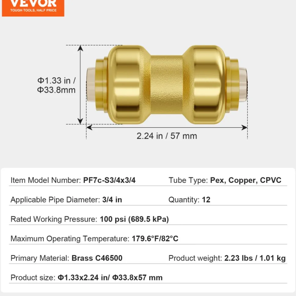 VEVOR Pipe Fittings, 3/4" 12PCS Brass Pipe Fittings, Straight-Through Push-Fit Pipe Connector Brass Air Fittings, Heavy Duty Plumbing Fittings Adapter for Heating/Shower Systems, Water Pipes
