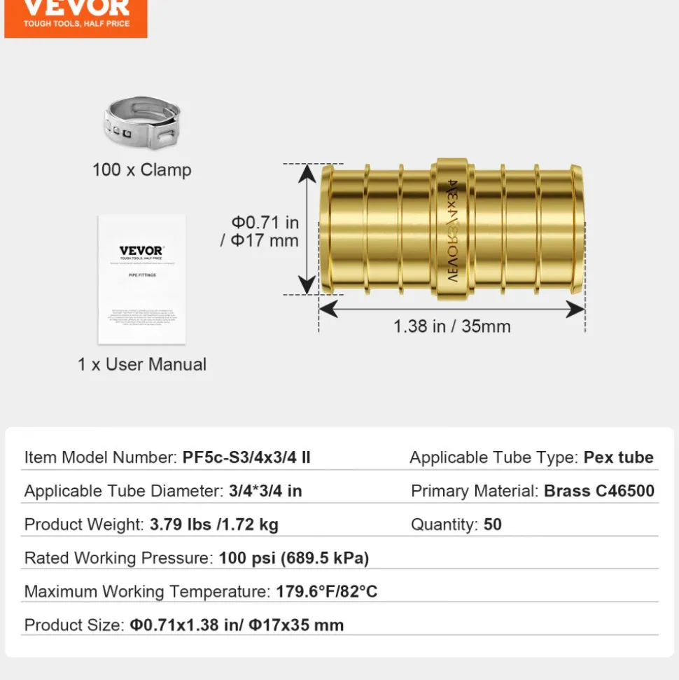 VEVOR Pipe Fittings, 3/4" 12PCS Brass Pipe Fittings, Clamp-style 3/4 NPT Pipe Connector Brass Air Fittings, Heavy Duty Plumbing Fittings NPT Adapter for Heating/Shower Systems, Water Pipes
