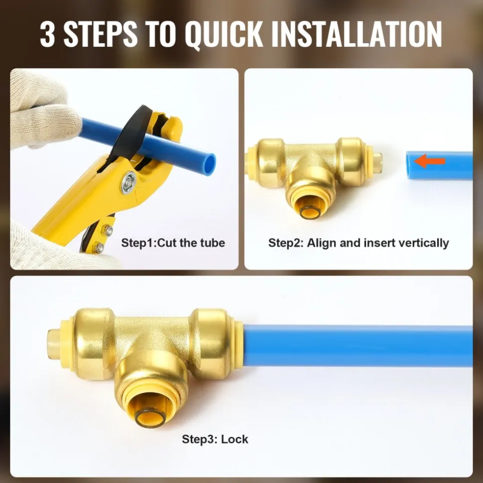 VEVOR Pipe Fittings, 1/2" 12PCS Tee Brass Pipe Fittings, Push-Fit Pipe Connector Brass Air Fittings, Heavy Duty Plumbing Fittings Adapter for Heating/Shower Systems, Water Pipes