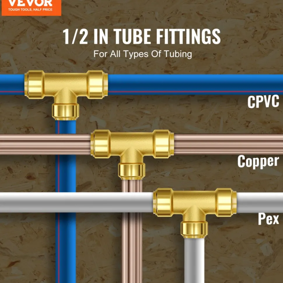 VEVOR Pipe Fittings, 1/2" 12PCS Tee Brass Pipe Fittings, Push-Fit Pipe Connector Brass Air Fittings, Heavy Duty Plumbing Fittings Adapter for Heating/Shower Systems, Water Pipes