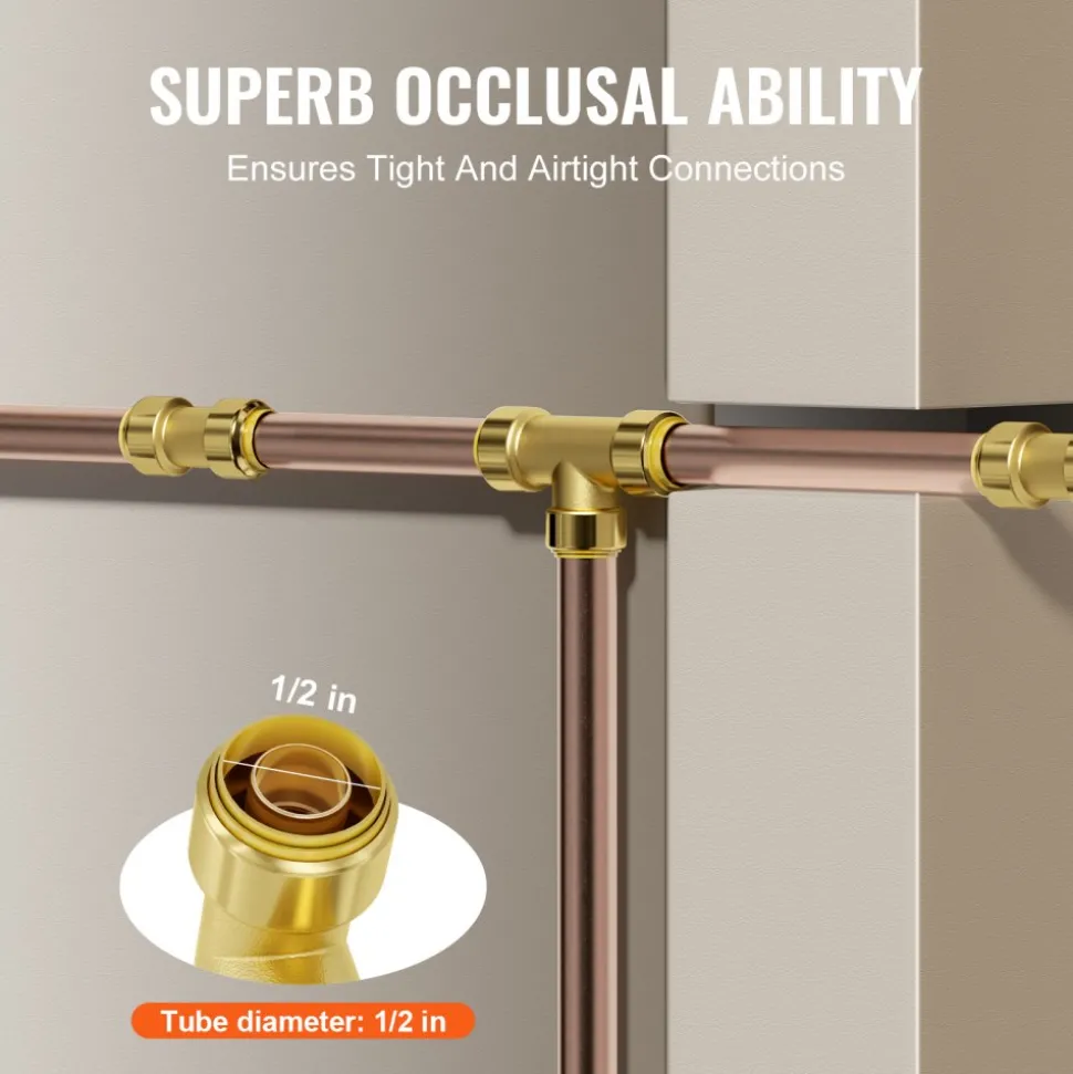 VEVOR Pipe Fittings, 1/2" 12PCS Tee Brass Pipe Fittings, Push-Fit Pipe Connector Brass Air Fittings, Heavy Duty Plumbing Fittings Adapter for Heating/Shower Systems, Water Pipes