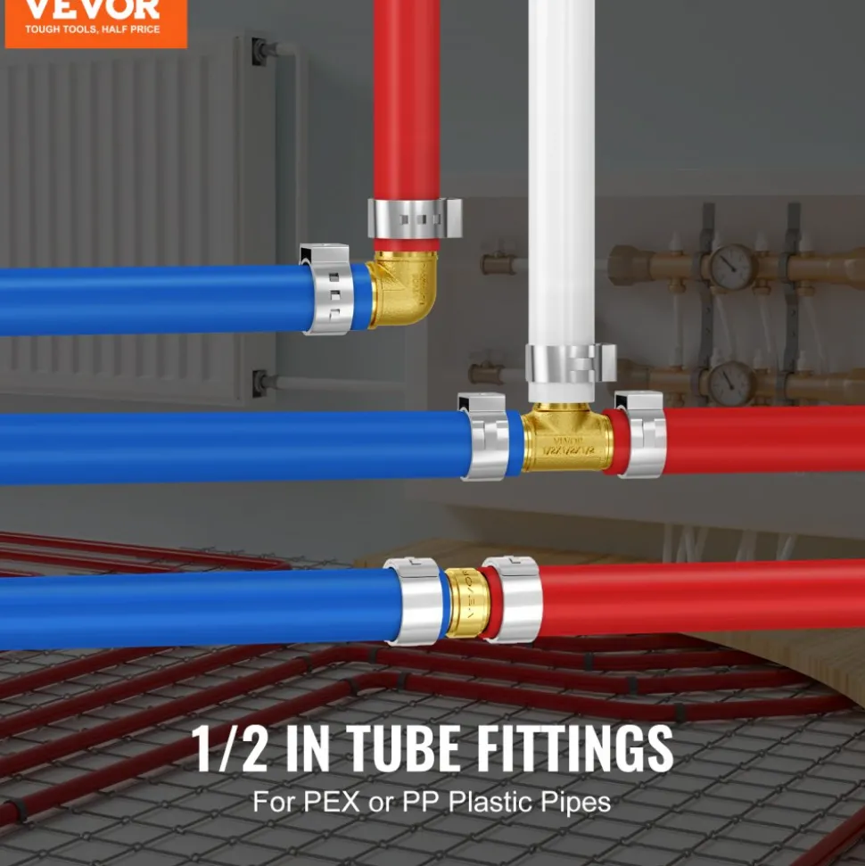 VEVOR Pipe Fittings, 1/2" 45PCS (15xStraight, 15xElbows, 15xTees) Brass Pipe Fittings, Push-Fit Pipe Connector Brass Air Fittings, Plumbing Fittings Adapter for Heating/Shower Systems, Water Pipes