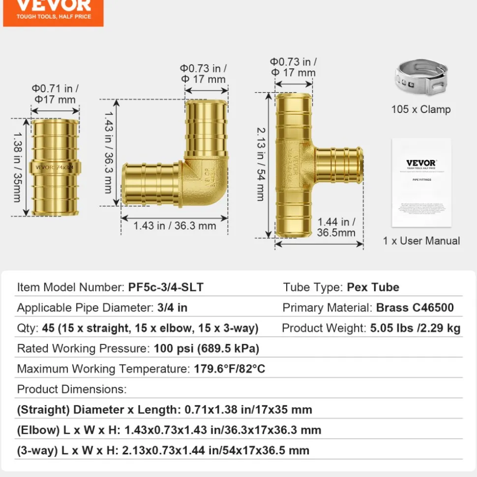 VEVOR Pipe Fittings, 3/4" 45PCS (15xStraight, 15xElbows, 15xTees) Brass Pipe Fittings, Push-Fit Pipe Connector Brass Air Fittings, Plumbing Fittings Adapter for Heating/Shower Systems, Water Pipes