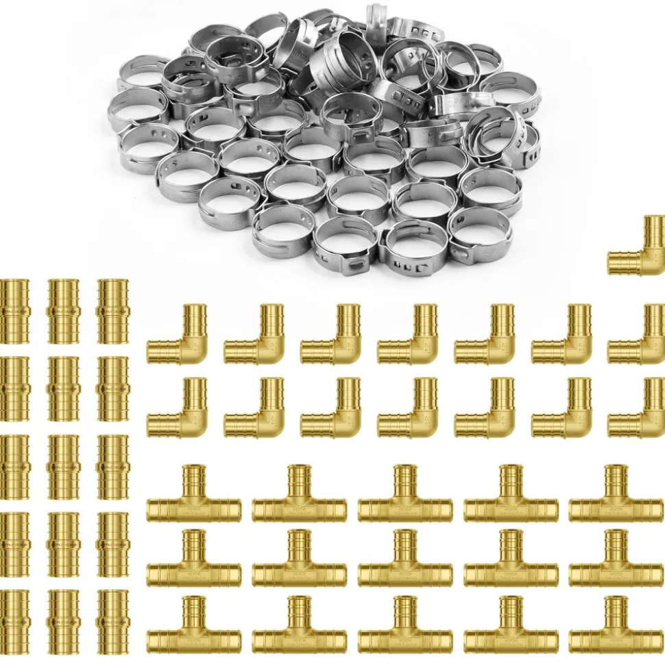 VEVOR Pipe Fittings, 3/4" 45PCS (15xStraight, 15xElbows, 15xTees) Brass Pipe Fittings, Push-Fit Pipe Connector Brass Air Fittings, Plumbing Fittings Adapter for Heating/Shower Systems, Water Pipes