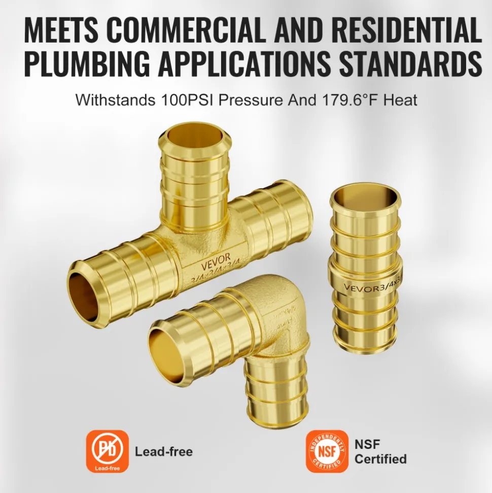 VEVOR Pipe Fittings, 3/4" 45PCS (15xStraight, 15xElbows, 15xTees) Brass Pipe Fittings, Push-Fit Pipe Connector Brass Air Fittings, Plumbing Fittings Adapter for Heating/Shower Systems, Water Pipes