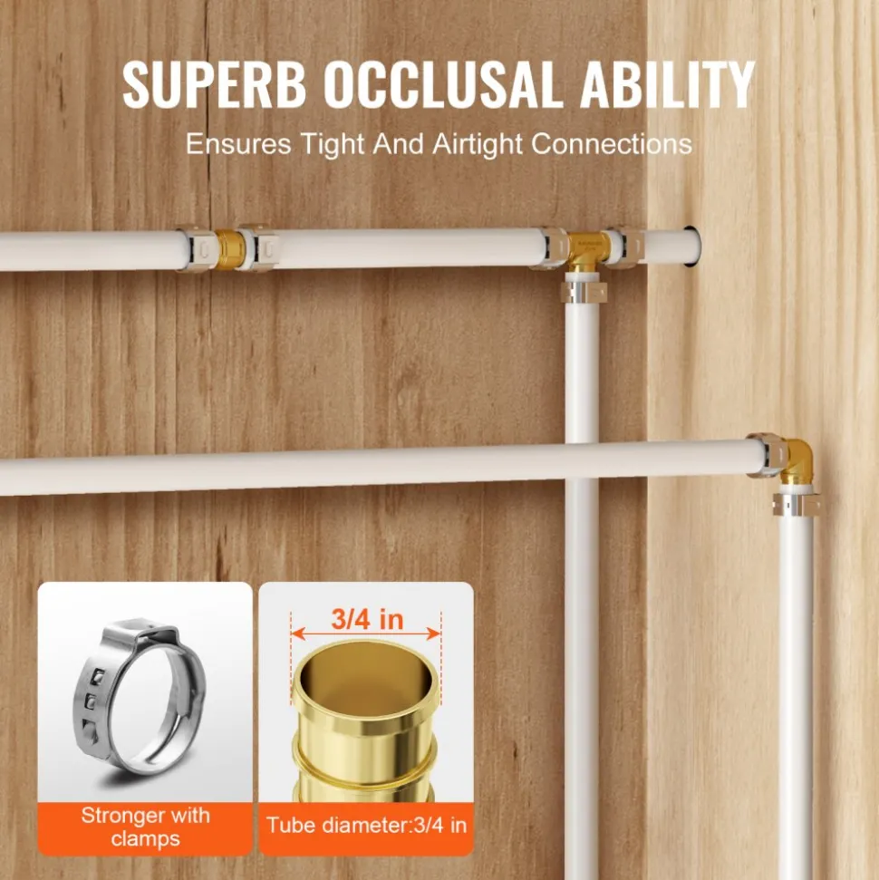 VEVOR Pipe Fittings, 3/4" 45PCS (15xStraight, 15xElbows, 15xTees) Brass Pipe Fittings, Push-Fit Pipe Connector Brass Air Fittings, Plumbing Fittings Adapter for Heating/Shower Systems, Water Pipes