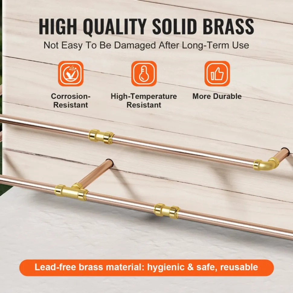 VEVOR Pipe Fittings, 1/2" 25PCS (10xStraight, 10xElbows, 5xTees) Brass Pipe Fittings, Push-Fit Pipe Connector Brass Air Fittings, Plumbing Fittings Adapter for Heating/Shower Systems, Water Pipes