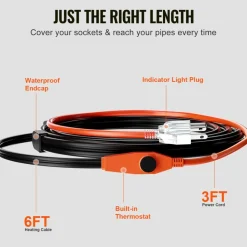 VEVOR Pipe Heating Cable, 6FT 7W/FT Heat Tape for Pipes with Built-in Thermostat, Water Pipe Heat Cable Protects PVC Hose, Metal and Plastic Pipe from Freezing