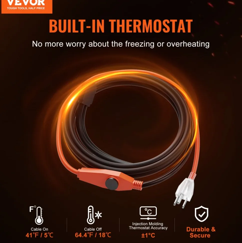 VEVOR Pipe Heating Cable, 6FT 7W/FT Heat Tape for Pipes with Built-in Thermostat, Water Pipe Heat Cable Protects PVC Hose, Metal and Plastic Pipe from Freezing
