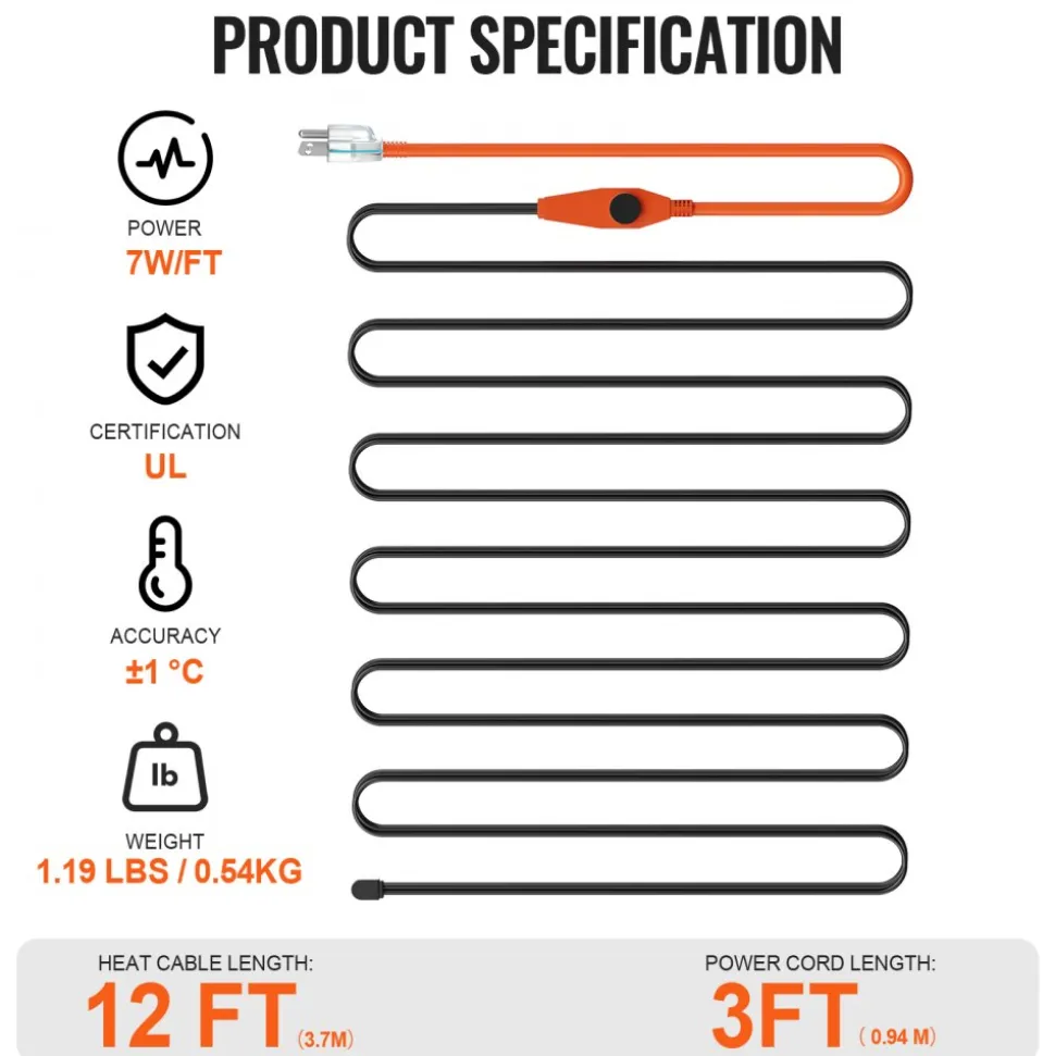 VEVOR Pipe Heating Cable, 18FT 7W/FT Heat Tape for Pipes with Built-in Thermostat, Water Pipe Heat Cable Protects PVC Hose, Metal and Plastic Pipe from Freezing