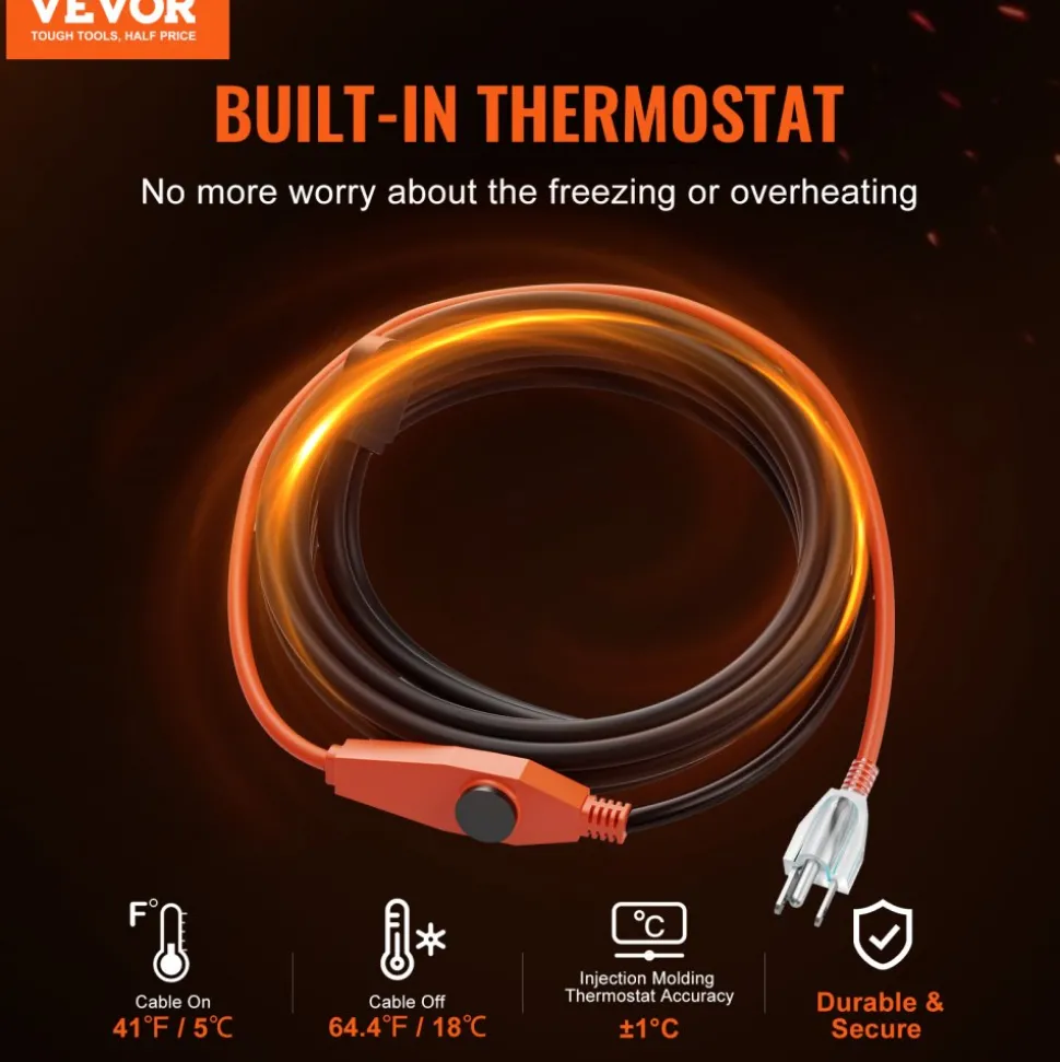 VEVOR Pipe Heating Cable, 18FT 7W/FT Heat Tape for Pipes with Built-in Thermostat, Water Pipe Heat Cable Protects PVC Hose, Metal and Plastic Pipe from Freezing