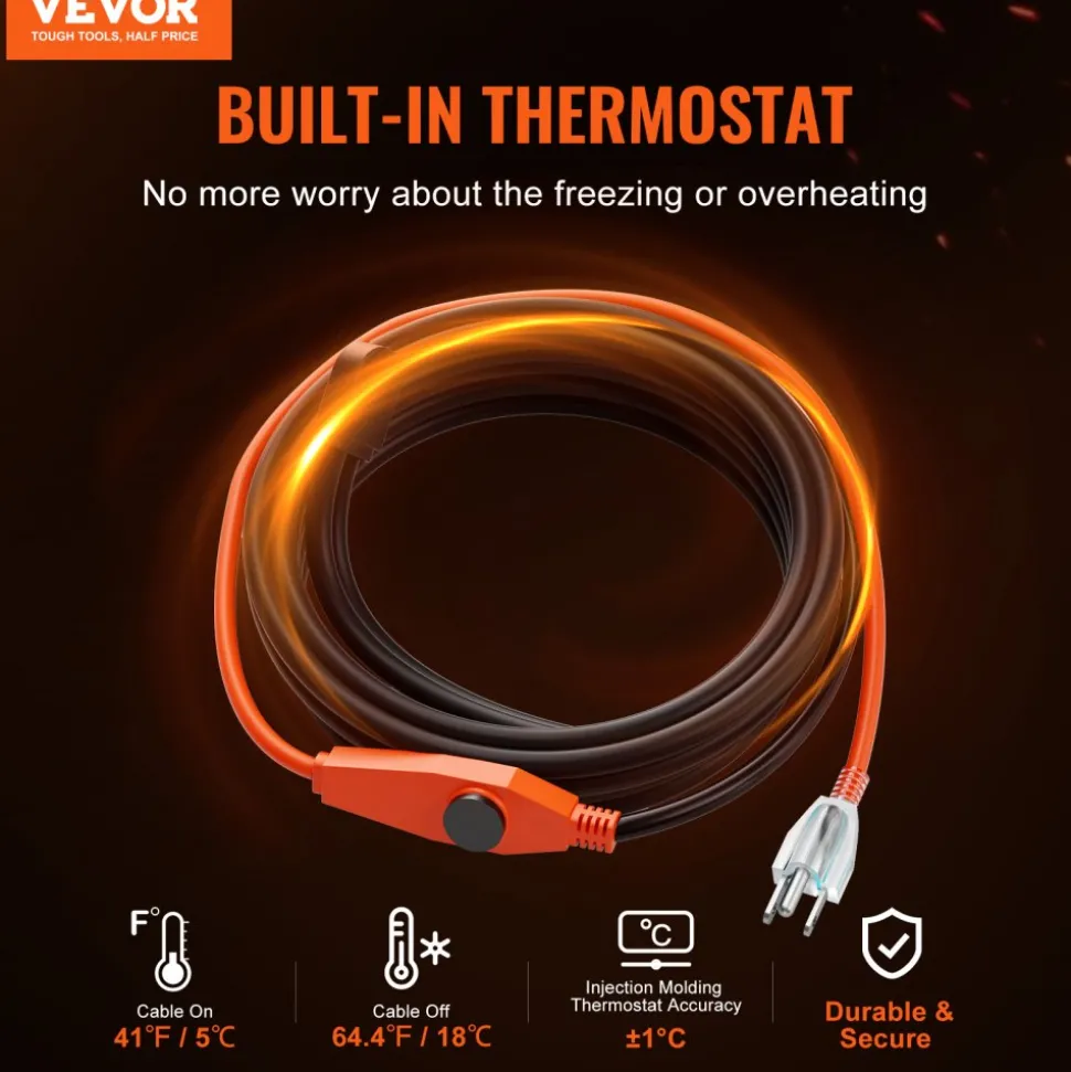 VEVOR Pipe Heating Cable, 80FT 7W/FT Heat Tape for Pipes with Built-in Thermostat, Water Pipe Heat Cable Protects PVC Hose, Metal and Plastic Pipe from Freezing