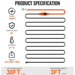 VEVOR Pipe Heating Cable, 30FT 7W/FT Heat Tape for Pipes with Built-in Thermostat, Water Pipe Heat Cable Protects PVC Hose, Metal and Plastic Pipe from Freezing