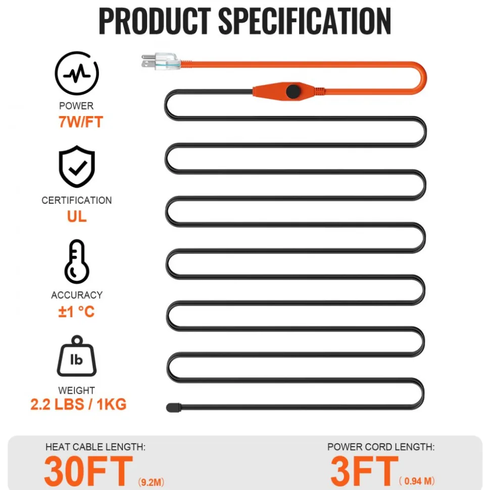 VEVOR Pipe Heating Cable, 30FT 7W/FT Heat Tape for Pipes with Built-in Thermostat, Water Pipe Heat Cable Protects PVC Hose, Metal and Plastic Pipe from Freezing