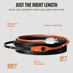 VEVOR Pipe Heating Cable, 30FT 7W/FT Heat Tape for Pipes with Built-in Thermostat, Water Pipe Heat Cable Protects PVC Hose, Metal and Plastic Pipe from Freezing