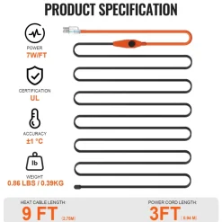 VEVOR Pipe Heating Cable, 9FT 7W/FT Heat Tape for Pipes with Built-in Thermostat, Water Pipe Heat Cable Protects PVC Hose, Metal and Plastic Pipe from Freezing