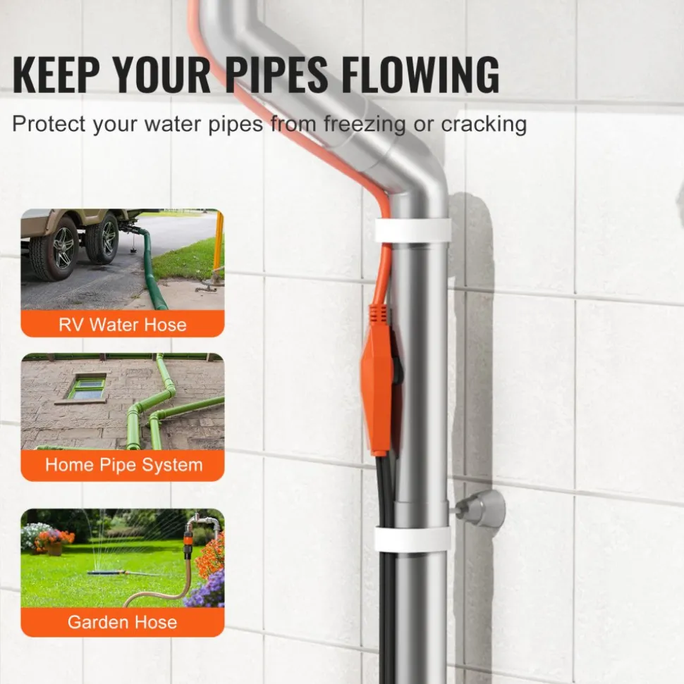 VEVOR Pipe Heating Cable, 9FT 7W/FT Heat Tape for Pipes with Built-in Thermostat, Water Pipe Heat Cable Protects PVC Hose, Metal and Plastic Pipe from Freezing