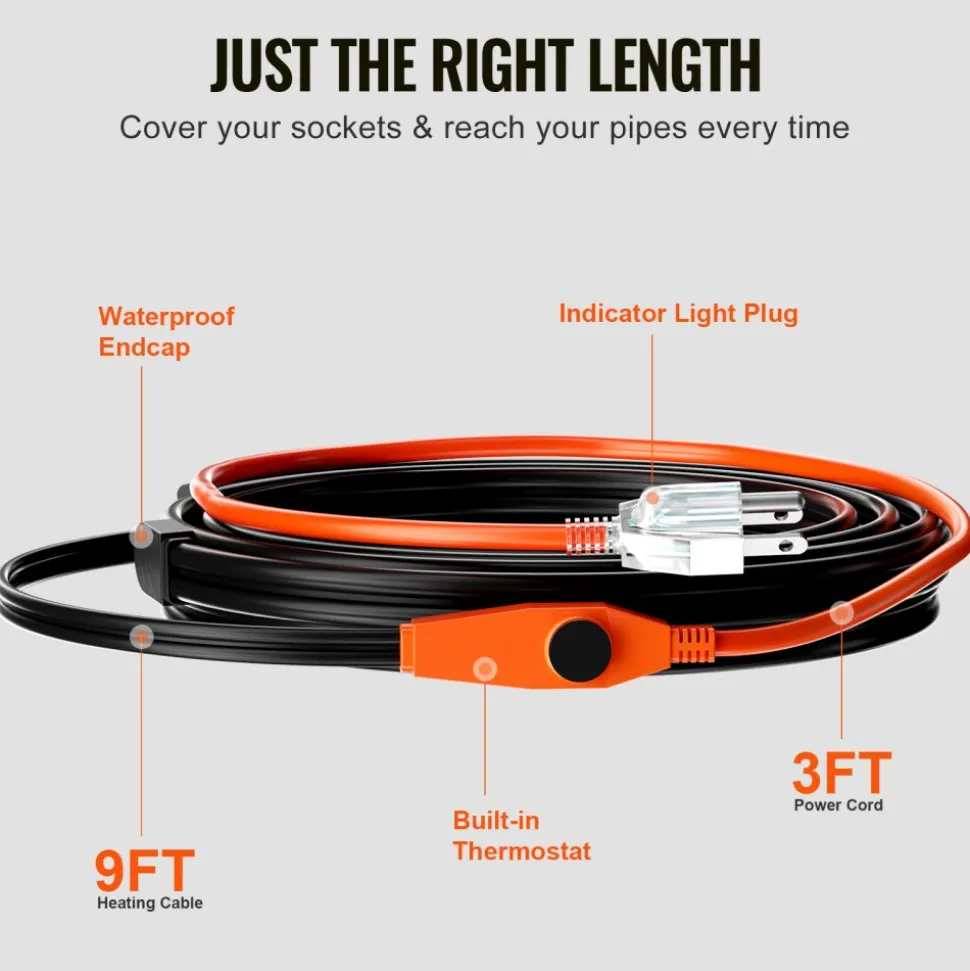 VEVOR Pipe Heating Cable, 9FT 7W/FT Heat Tape for Pipes with Built-in Thermostat, Water Pipe Heat Cable Protects PVC Hose, Metal and Plastic Pipe from Freezing