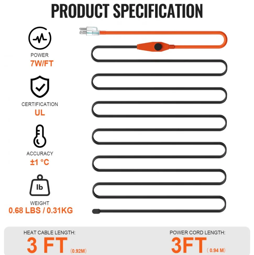 VEVOR Pipe Heating Cable, 3FT 7W/FT Heat Tape for Pipes with Built-in Thermostat, Water Pipe Heat Cable Protects PVC Hose, Metal and Plastic Pipe from Freezing
