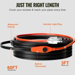 VEVOR Pipe Heating Cable, 60FT 7W/FT Heat Tape for Pipes with Built-in Thermostat, Water Pipe Heat Cable Protects PVC Hose, Metal and Plastic Pipe from Freezing