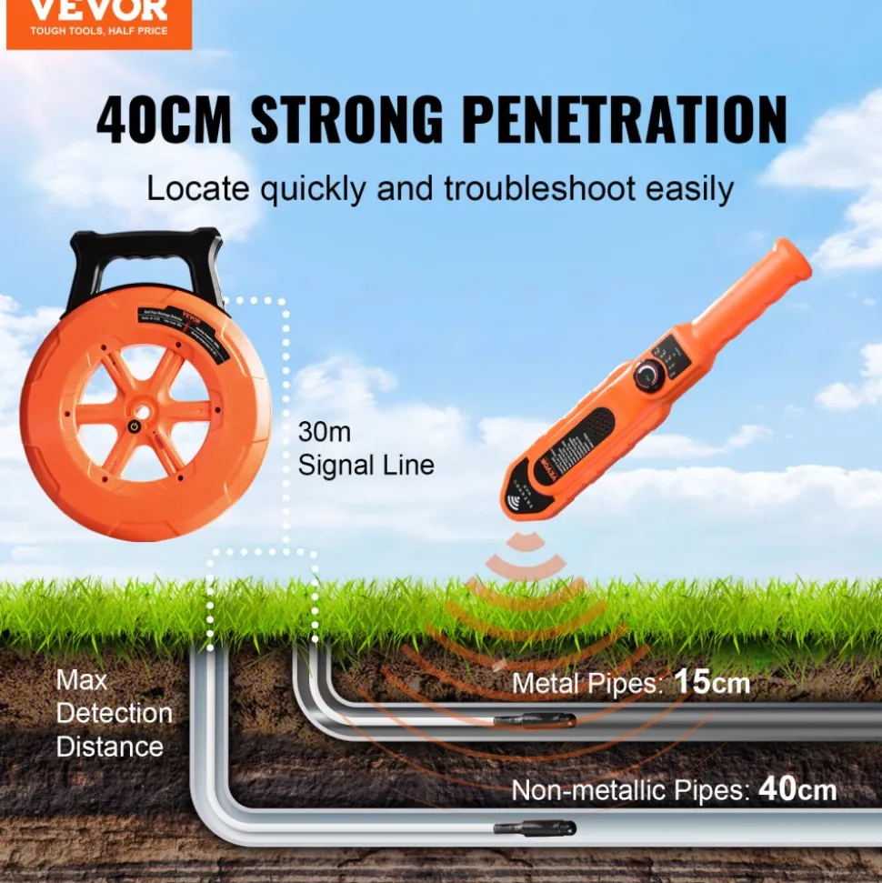 VEVOR Pipe Locators, 100ft/30m PVC Pipe Locators Underground, IP67 Waterproof Pipe Blockage Detector with Adjustable Sensitivity, Sewer Wall Scanner Plumbing Tool for PVC Plastic Metal Water Pipes