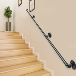 VEVOR Pipe Stair Handrail, 9FT Staircase Handrail, 440LBS Load Capacity Carbon Steel Pipe Handrail, Industrial Pipe Handrail with Wall Mount Support, Round Corner Wall Handrailings for Indoor, Outdoor